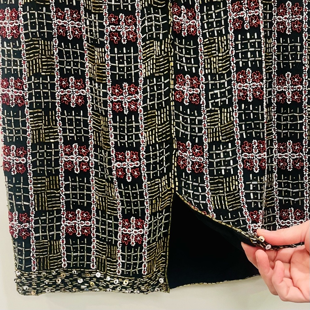 Vintage Silk Beaded Black Red Gold Geometric Pattern Mini Dress Small - Picture 8 of 10